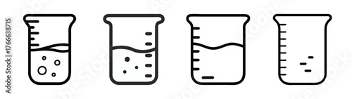 Four beakers with liquids and bubbles showing chemical reactions science lab