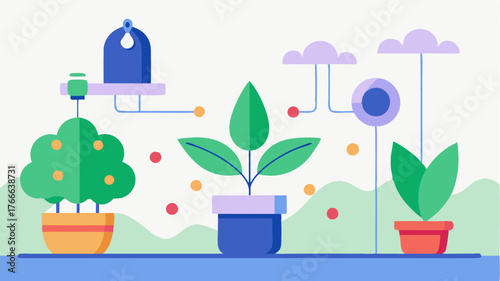 An elegant illustration of a smart garden with sensors regulating watering schedules and nutrient delivery based on plant health feedback.
