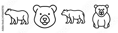 Set of four stylized line art bear graphics for design