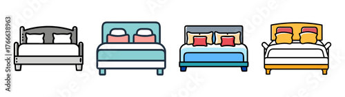 Four diverse bed designs with pillows for interior design concepts