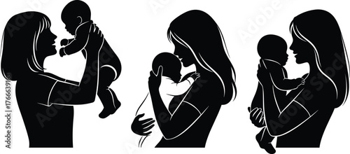 Black silhouette woman holding baby, emotional bonding pose, mother-child love and care, nurturing moment, vector illustration design