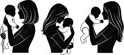 Black silhouette women holding babies, maternal bonding pose, emotional care and love, mother-child connection, vector illustration design