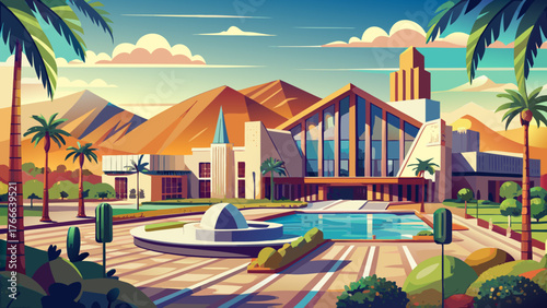 Very beautiful, Cathedral City's Civic Center near Palm Springs, California, modern architecture, landscaped plazas, palm trees, sunny skies, serene surroundings, and scenic urban civic space in the 