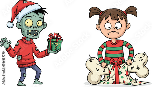 Funny zombie Santa offering creepy Christmas gift to scared girl with torn wrapping paper, humorous horror festive holiday cartoon illustration
