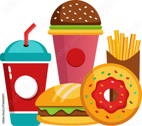 burger, pizza slice, French fries, donut, soda cup  , white background