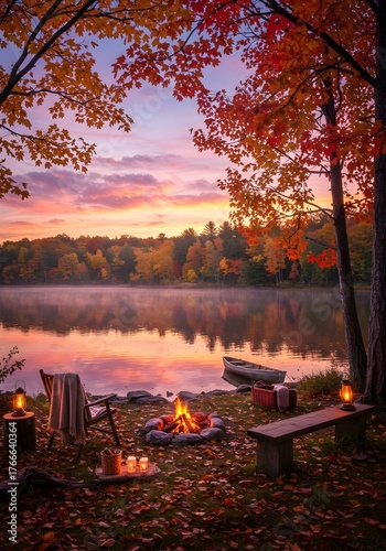 Peaceful autumn evening by the lake featuring campfire warmth, vibrant foliage, and sunset sky colors.