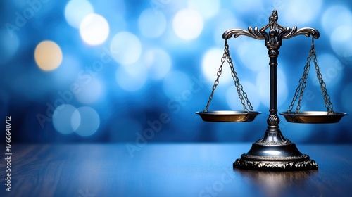 Elegant classic weighing scale with ornate design and balanced pans on a blurred blue background symbolizing justice fairness and law enforcement representation