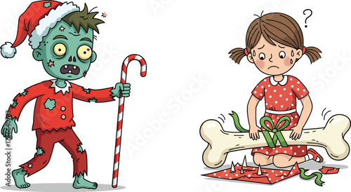 Funny zombie Santa with candy cane surprising confused girl holding giant bone gift, humorous creepy Christmas horror cartoon vector illustration