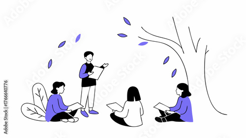 Participants engaging in a storytelling circle with one person standing and sharing their experience while others sit crosslegged surrounded by roots and fallen leaves.