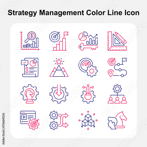 Success, teamwork, and achievement strategy Two Color line icons set 2