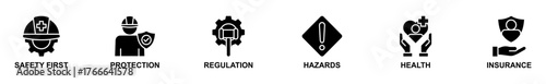 Banner web of Work safety icons vector illustration. Concept of safety first, protection, regulations, hazards, health, and insurance. Simple glyph vector illustration.