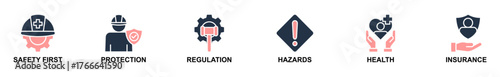 Banner web of Work safety icons vector illustration. Concept of safety first, protection, regulations, hazards, health, and insurance. Simple solid vector illustration.