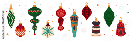 Christmas set with vintage ornaments and holiday decorations. Christmas tree balls. Decorative winter toys. Flat vector illustration on a white background