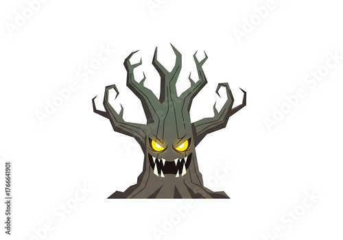 Scary halloween tree monster with glowing eyes isolated on white background