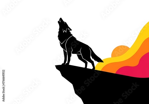 Black wolf howling on a cliff at sunset isolated on white background