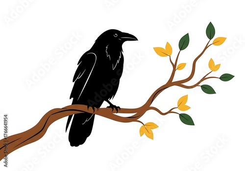 Black raven perched on a branch with autumn leaves isolated on white background