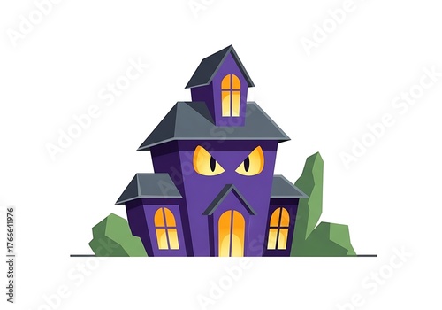 Spooky purple haunted house with glowing windows isolated on white background