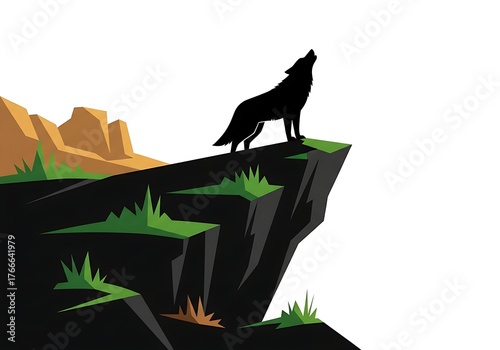Silhouette of a wolf howling on a cliff isolated on white background