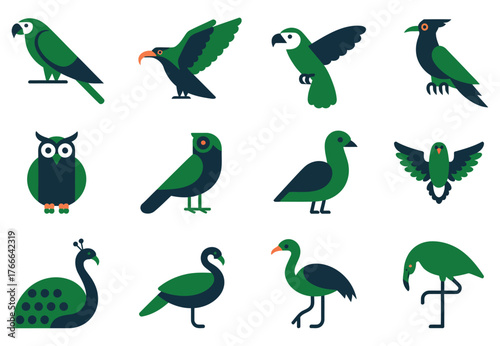 Collection of green bird icons vector illustration of various avian species perfect for nature and wildlife designs