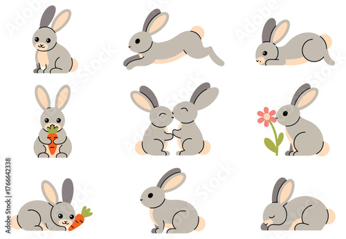 Cute rabbit cartoon character set vector illustration in various poses isolated on white background