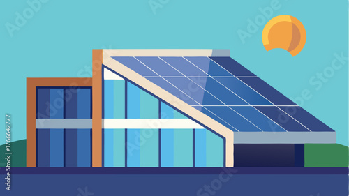 Rooftop solar panels lining a sleek modern facade harnessing renewable energy while seamlessly blending with the architectural design.