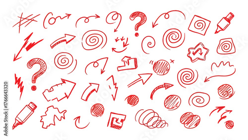 Collection of whimsical hand-drawn doodle icons and symbols featuring questions marks and abstract shapes for creative projects