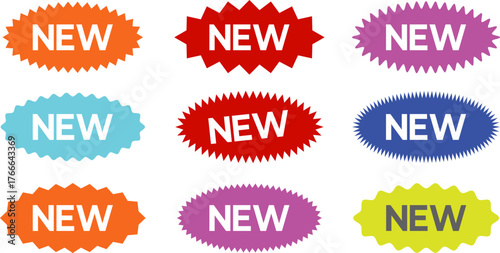 Stickers for New Arrival shop product tags, new labels or sale badges and banners. New sticker set, discount sticker, special price, advertising campaign, jagged starburst sticker icon, sale sticker.