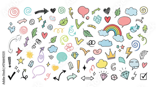 Whimsical hand-drawn doodle collection fun elements for design and creativity featuring hearts stars rainbows and more