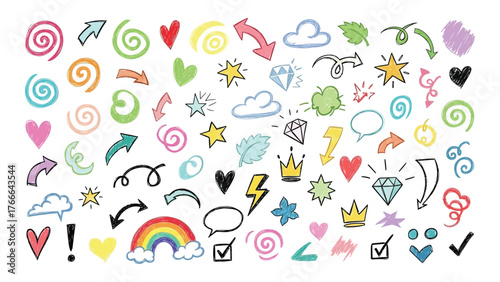 Whimsical hand drawn doodle elements featuring hearts clouds rainbows stars arrows and abstract shapes for creative projects