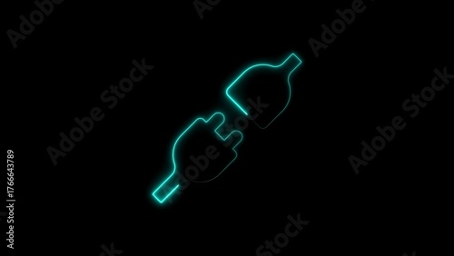 Cyan neon outline of two electrical plugs connecting electricity connection