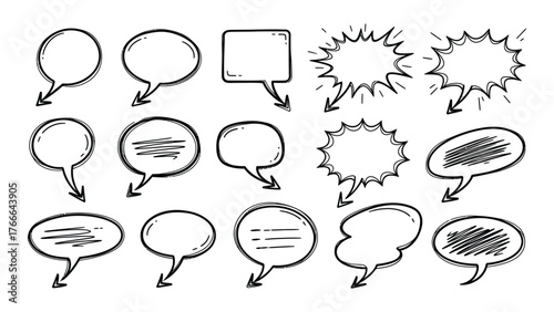 Hand drawn speech bubbles and thought clouds collection for comics and creative projects dynamic sketch styles