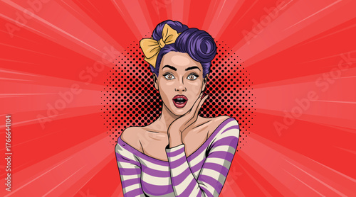 A young, very surprised woman in pop art style. Against a red background. Pop art vector in comic style.