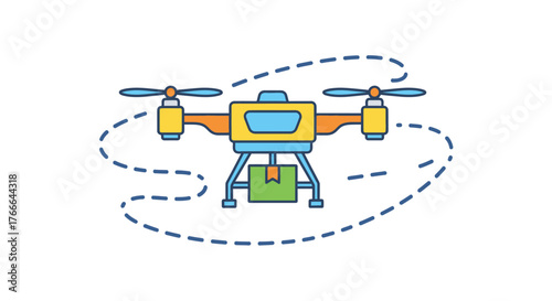 A colorful illustration of a drone delivering a package, depicted with a dashed line indicating its flight path.