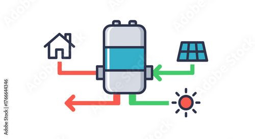 Solar water heater system illustration with house, solar panel, and sun.