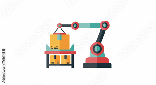 Industrial robotic arm lifting a cardboard box labeled CEO, symbolizing automation in business and logistics.