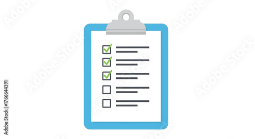 A blue clipboard with a checklist, some items are checked, others are not.