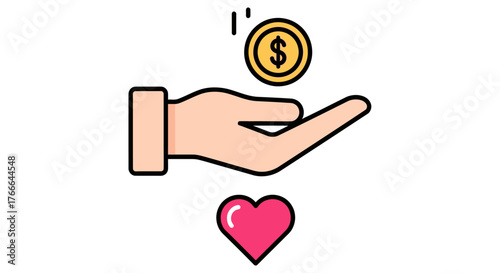 An illustration depicting a hand offering a coin, symbolizing charity and generosity with a heart.
