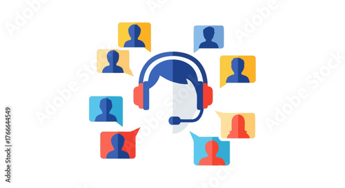 Customer service representative with headset surrounded by customer icons.