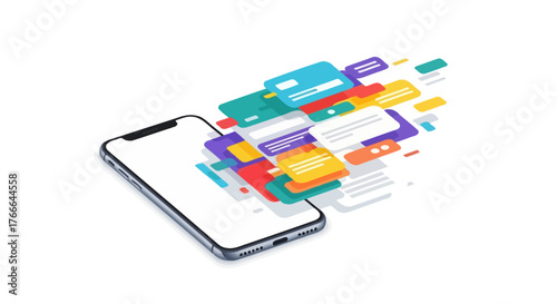 Isometric smartphone with a blank screen from which a stream of colorful application interfaces, notifications, and messages are flowing out.