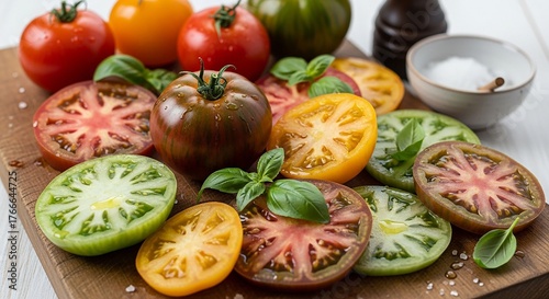 Heirloom Tomato Variety Slices on Wooden Board with Basil | Colorful Sliced Tomatoes for Salad Preparation and Healthy Eating Marketing