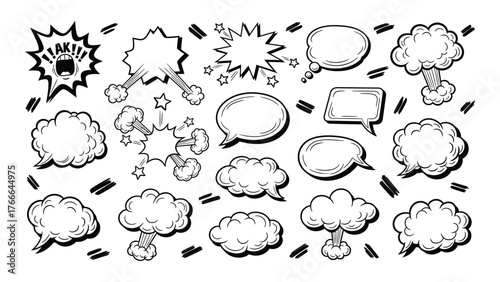 Diverse comic book speech bubbles and sound effects hand-drawn elements for graphic design projects