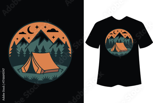 Orange tent under starry night sky in mountains camping