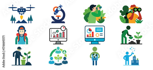 Modern agriculture technology and innovation icons representing sustainable farming practices and research