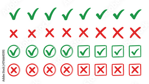 Collection of green checkmarks and red x marks in various shapes for approval and rejection symbol set