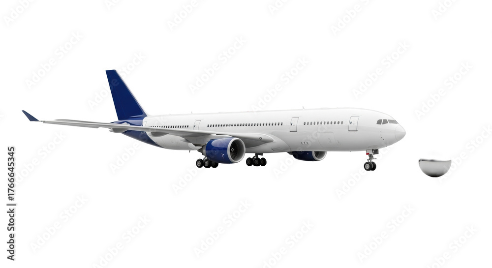 Fototapeta premium A sleek white wide-body passenger jet with deep blue accents and a polished chrome sphere on a seamless transparent studio background, 45-degree eye-level shot, commercial product concept