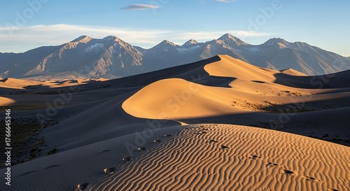 Sand Dunes Landscape with Mountain Backdrop at Sunset | Desert Scenery with Textured Sand and Mountain View for Travel, Tourism and Environmental Awareness