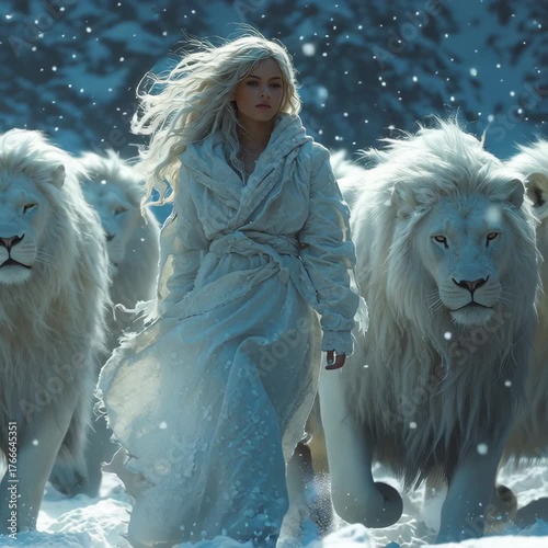 Majestic woman in flowing white gown walking through snow surrounded by powerful white lions in magical winter landscape.
