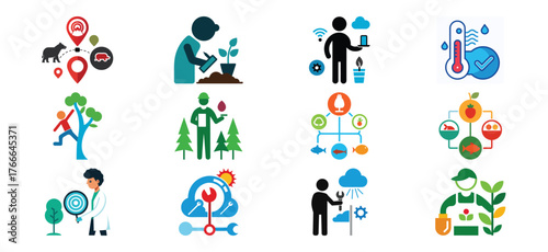 Collection of flat icons representing smart farming agriculture technology and sustainable practices