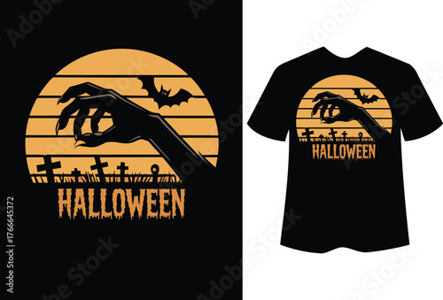 Spooky Halloween graveyard scene with reaching hand and bats