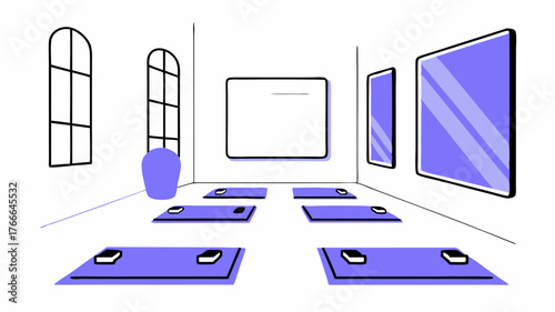 A wellness studio within the community center equipped with large mirrors and digital screens projecting fitness class schedules and health tips.